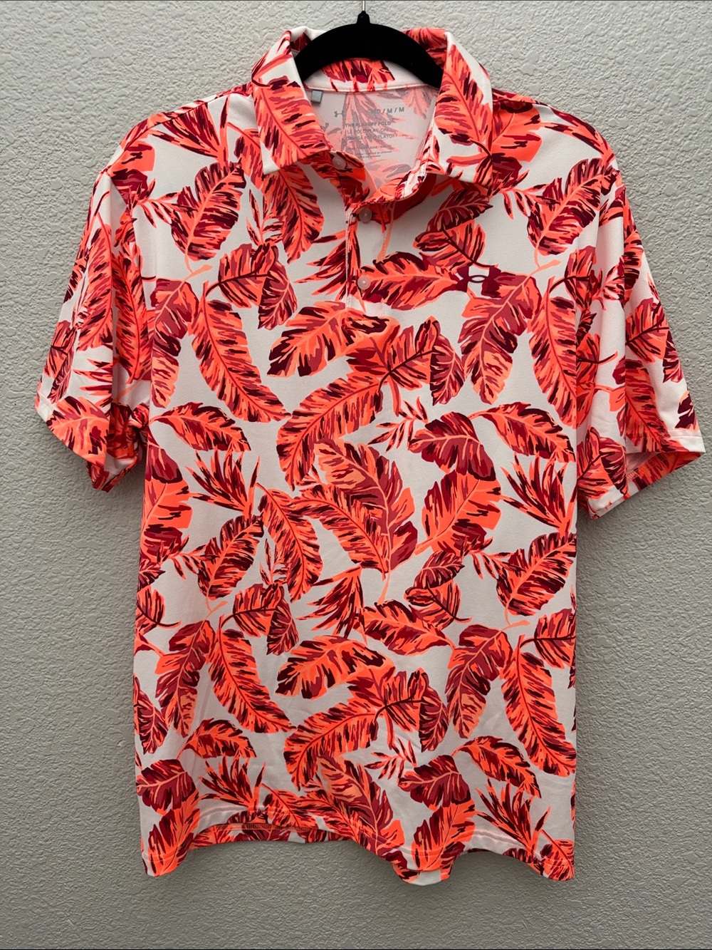 Under Armour Men's The Playoff Golf Polo Shirt Orange Leaf Palm Print Medium
